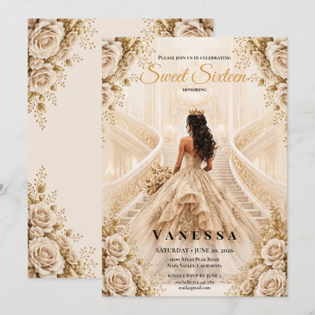 Invitación Princesa Dulces 16 Beige y Dorado (Anverso / Reverso)