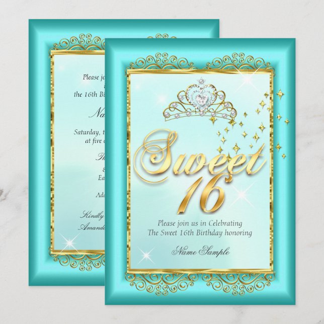 Invitación Princesa Dulces 16 Cumpleaños Fiesta Azul Turquesa (Anverso / Reverso)