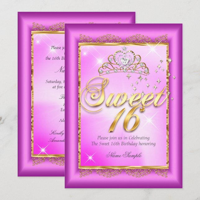 Invitación Princesa Dulces 16  Fiesta Rosa Caliente Magenta D (Anverso / Reverso)