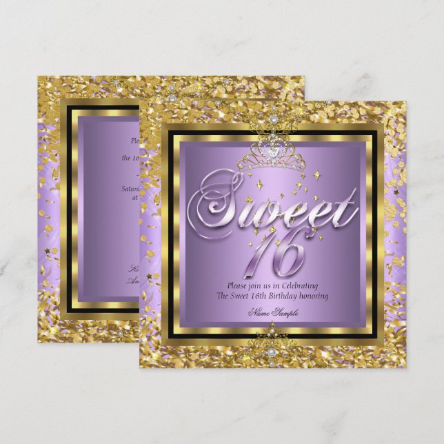 Invitación Princesa Dulces 16 Oro Lila Morado Fiesta (Anverso / Reverso)