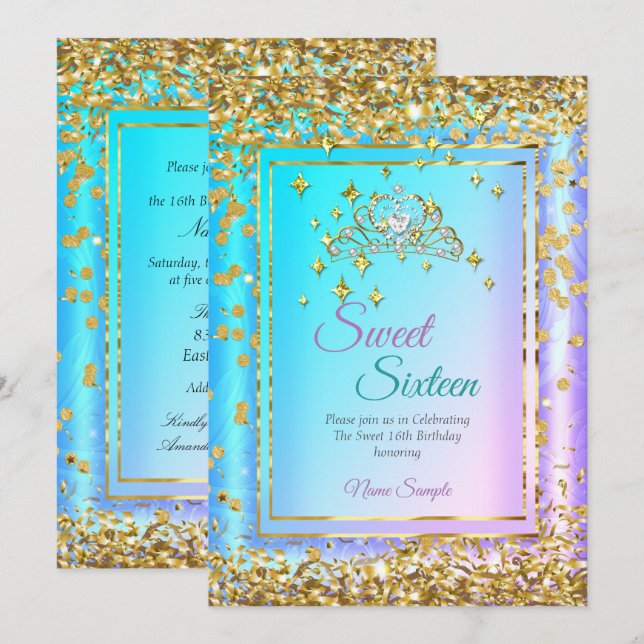Invitación Princesa Dulces 16 Oro Verde Azul Partido (Anverso / Reverso)