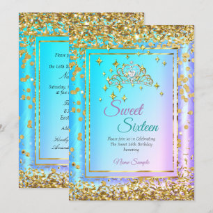 Invitación Princesa Dulces 16 Oro Verde Azul Partido