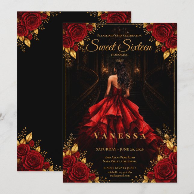 Invitación Princesa Dulces 16 Rojo Oro (Anverso / Reverso)