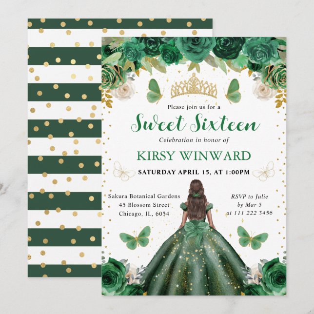 Invitación Princesa Dulces 16 Verde Acuarela y Dorado (Anverso / Reverso)