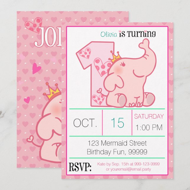 Invitación Princesa Elefante Rosa Primer Personalizado Fiesta (Anverso / Reverso)