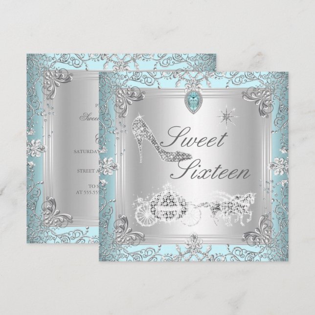 Invitación Princesa Elegante Diamante Azul Dulce 16 Dieciséis (Anverso / Reverso)