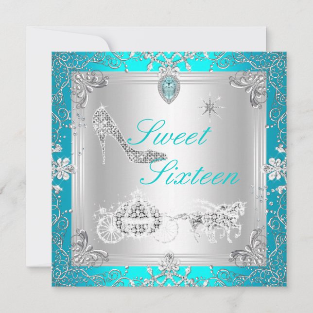 Invitación Princesa Elegante Diamante Turquesa Dulces 16 Diec (Anverso)