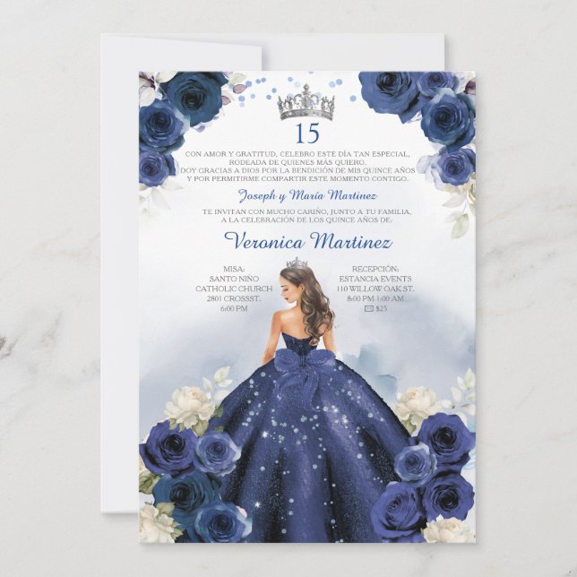 Invitación Princesa española azul marina Plata 15 años cumple (Anverso)