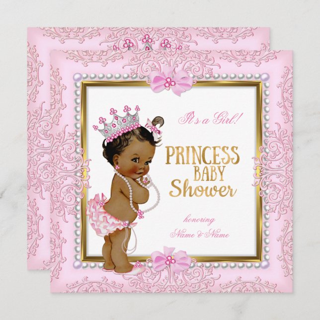 Invitación Princesa Étnica Baby Shower Gold Pink Pearls Lace (Anverso / Reverso)