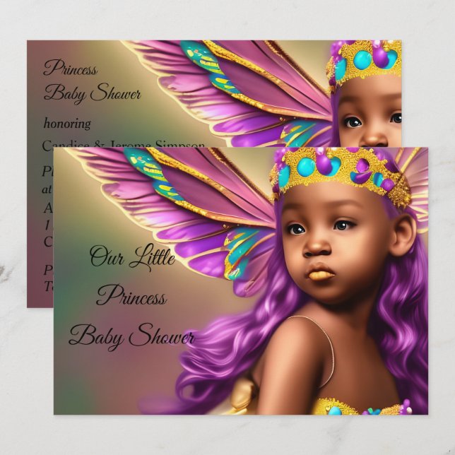 Invitación Princesa Étnica Baby Shower mariposa morada (Anverso / Reverso)