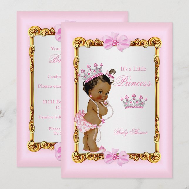 Invitación Princesa étnica Baby Shower Perlas rosadas Tiara (Anverso / Reverso)