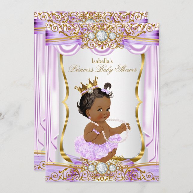 Invitación Princesa Étnica Baby Shower Purple Silk Gold (Anverso / Reverso)