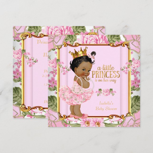 Invitación Princesa étnica Baby Shower Rosa Floral (Anverso / Reverso)