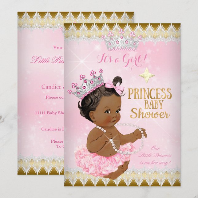 Invitación Princesa Étnica Baby Shower Rosa Tutu Gold (Anverso / Reverso)