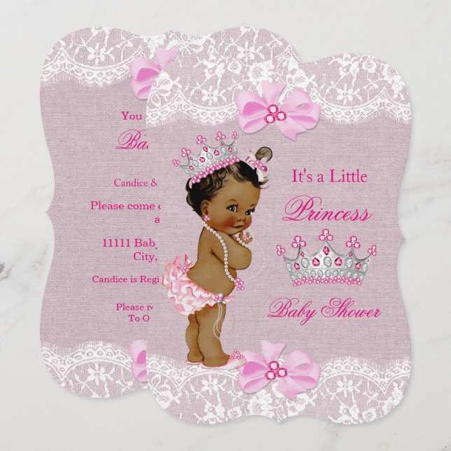 Invitación Princesa étnica Chica Baby Shower Rosa Burlap Lace (Anverso / Reverso)