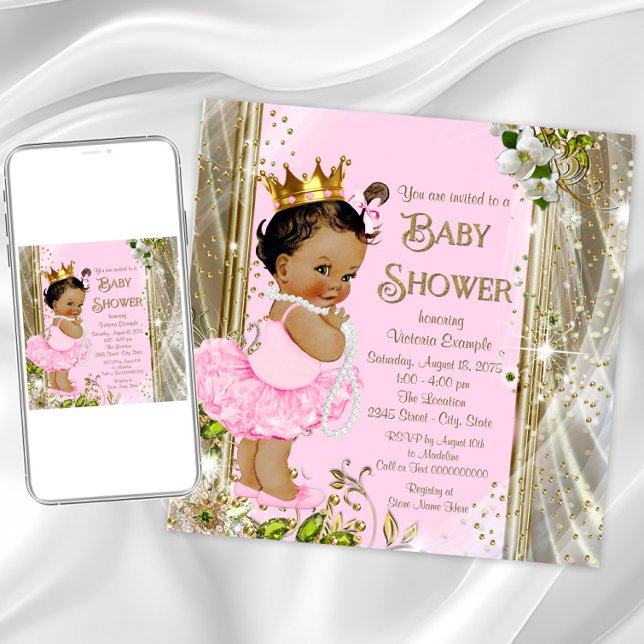 Invitación Princesa Étnica Tutu Oro Rosa Baby Shower (Pink and gold princess baby shower invitation. Instant download and printed invitations available.)