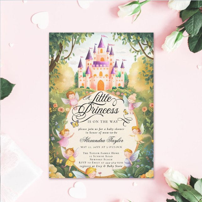 Invitación Princesa Fairytale Castle Fairies Niña Ducha (princess baby shower invitation pink fairytale enchanted forest fairy godmothers magical castle)