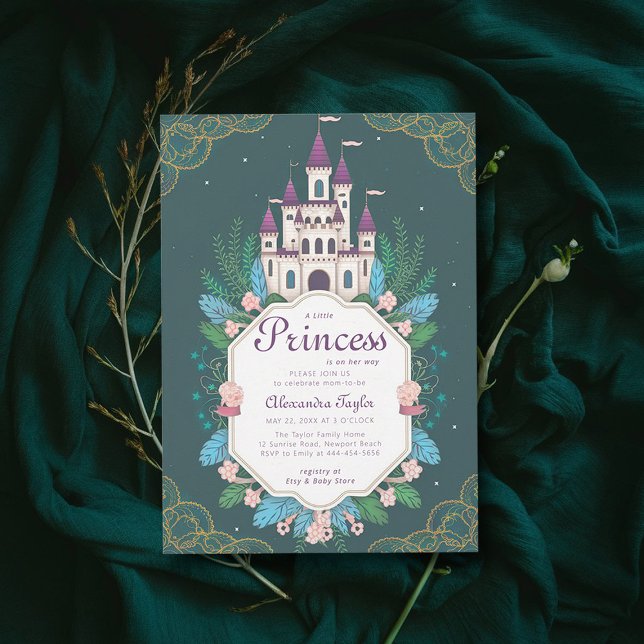 Invitación Princesa Fairytale Castle Forest Baby Girl Shower (princess girl baby shower invitation enchanted forest magical castle emerald greenery frame)