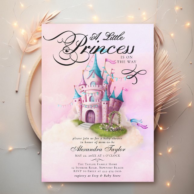 Invitación Princesa Fairytale Castle Pink Baby Shower (princess baby shower invitation pink fairytale enchanted magical castle watercolor cute modern)