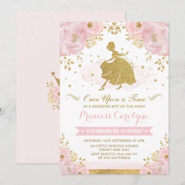 Invitación Princesa Femenina Cenicienta Dorada Rosa Cumpleaño (Anverso / Reverso)