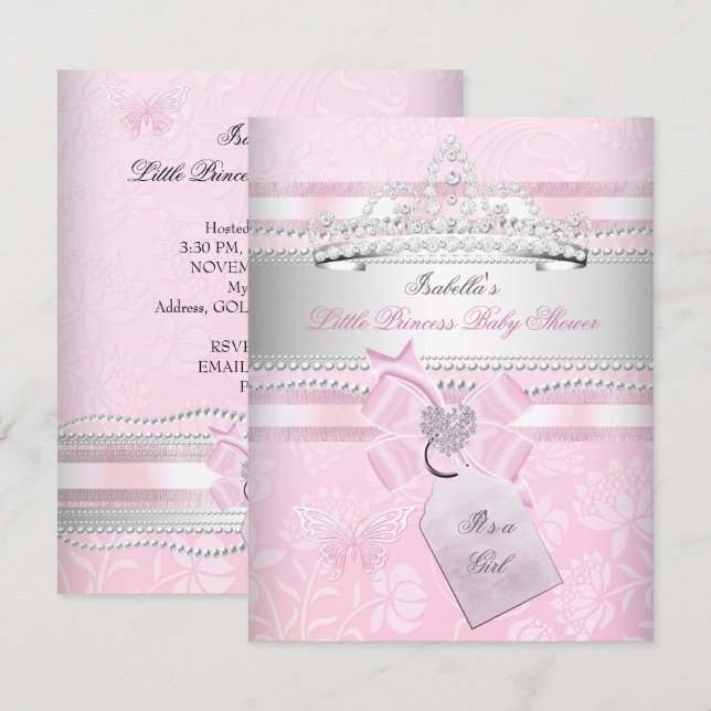 Invitación Princesa Fiesta de Bebé Niña Mariposa (Anverso / Reverso)