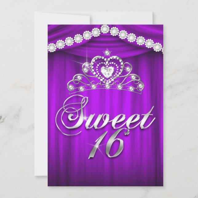 Invitación Princesa Fiesta de Dulces 16 Tiara de Drapé Morado (Anverso)