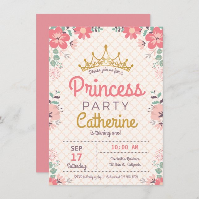 Invitación Princesa Fiesta de fondo floral. (Anverso / Reverso)