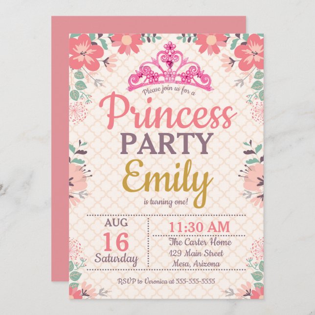 Invitación Princesa Fiesta De Un Año (Anverso / Reverso)