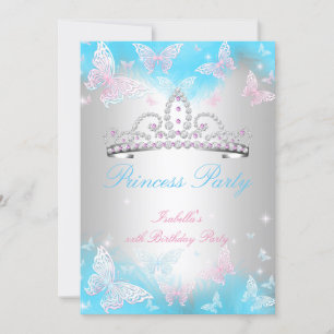 Invitación Princesa Fiesta Diadema Azul Teal Mariposa Rosa 2