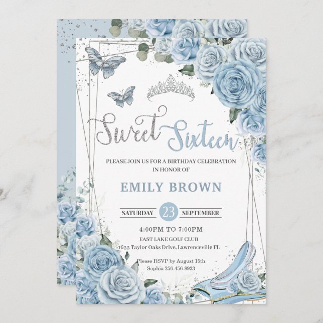 Invitación Princesa Floral Azul Bebé Dulce Dieciséis (Anverso / Reverso)