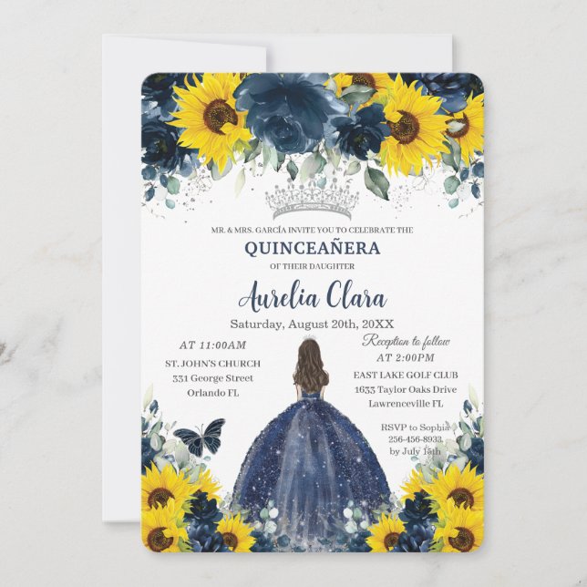 Invitación Princesa Floral Azul de la Marina de Giro de Quinc (Anverso)