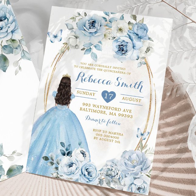 Invitación Princesa Floral Azul del Bebé Oro Quinceañera (Subido por el creador)