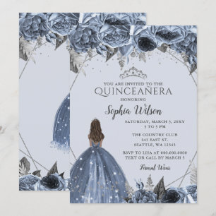 Invitación Princesa Floral Azul Dusty Plata Quinceañera