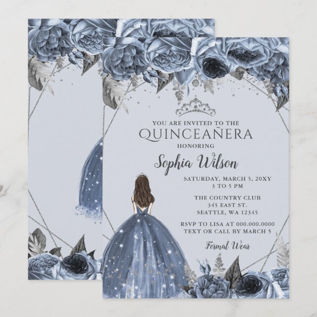 Invitación Princesa Floral Azul Dusty Plata Quinceañera (Anverso / Reverso)