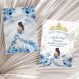 Invitación Princesa Floral Azul Quinceanera Guardar la fecha