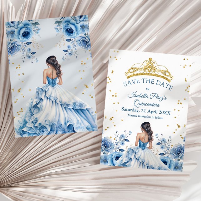 Invitación Princesa Floral Azul Quinceanera Guardar la fecha (Quinceanera Blue Floral Princess Save the Date Invitation on a sunny neutral dry palm leaf.)