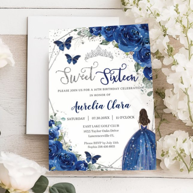 Invitación Princesa Floral Azul Real Dulce 16 Cumpleaños (Subido por el creador)
