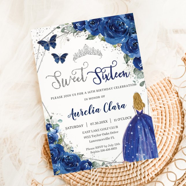 Invitación Princesa Floral Azul Real Dulce 16 Cumpleaños (Subido por el creador)