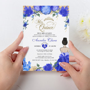 Invitación Princesa Floral Azul Real Mis Quince Quinceañera