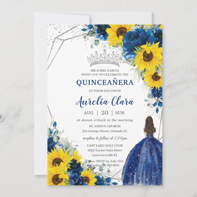 Invitación Princesa Floral Azul Real Quinceañera (Anverso)