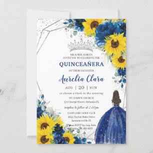 Invitación Princesa Floral Azul Real Quinceañera