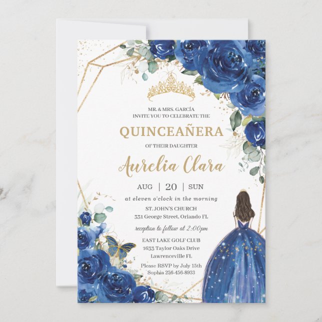 Invitación Princesa Floral Azul Real Quinceañera 15 años