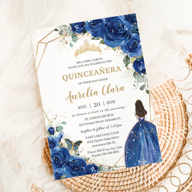 Invitación Princesa Floral Azul Real Quinceañera 15 años