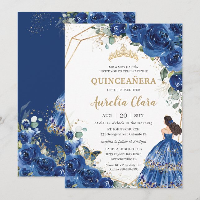 Invitación Princesa Floral Azul Real Quinceañera 15 años (Anverso / Reverso)