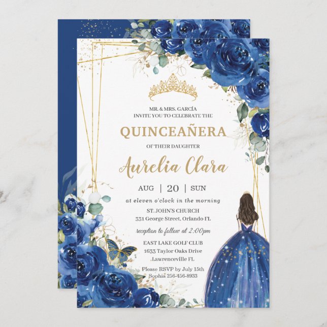 Invitación Princesa Floral Azul Real Quinceañera 15 cumpleaño (Anverso / Reverso)
