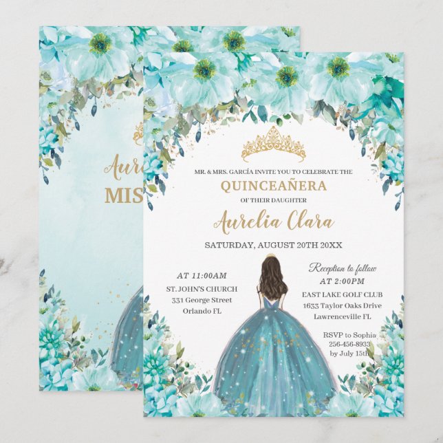 Invitación Princesa Floral Azul Turquesa Corona Quinceañera (Anverso / Reverso)