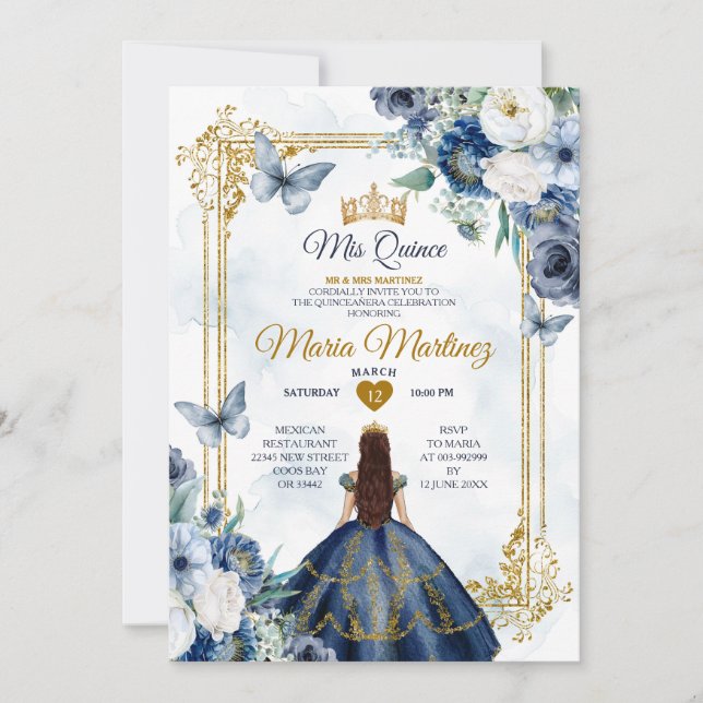 Invitación Princesa Floral Azul Y Blanca Quiñceanera (Anverso)