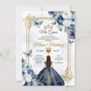 Invitación Princesa Floral Azul Y Blanca Quiñceanera