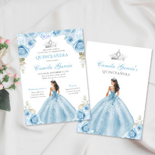 Invitación Princesa Floral Azul y Plata Clara Quinceañera
