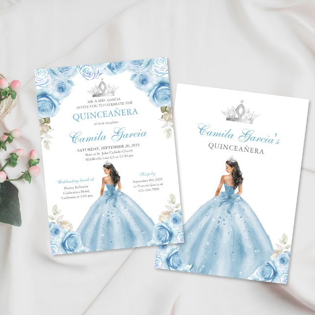 Invitación Princesa Floral Azul y Plata Clara Quinceañera (Subido por el creador)